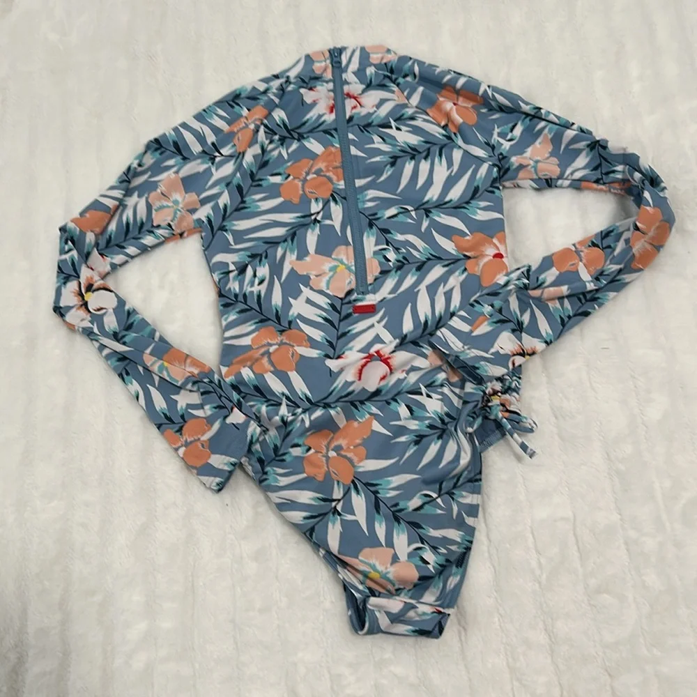 Roxy Girls Blue Floral Long Sleeve One-Piece Swimsuit